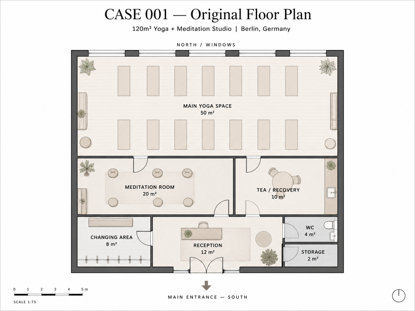 Original floor plan for Case 001 yoga and meditation studio