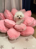 Pink lotus flower cushion pet bed with dog