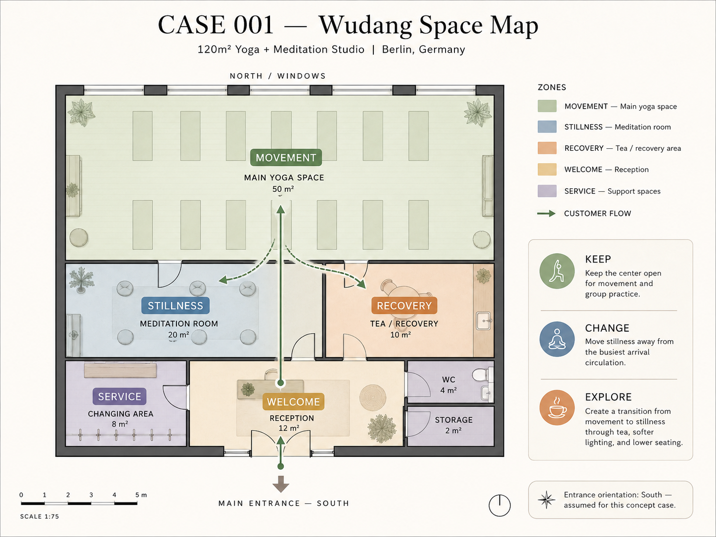 Wudang Space Map zoning plan for Case 001 yoga and meditation studio